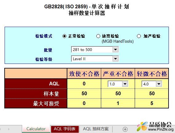 AQL计算器--GB2828-2012