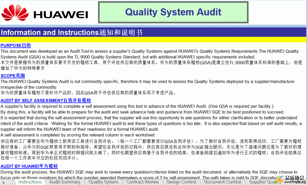 华为自评审核表 Quality System Audit