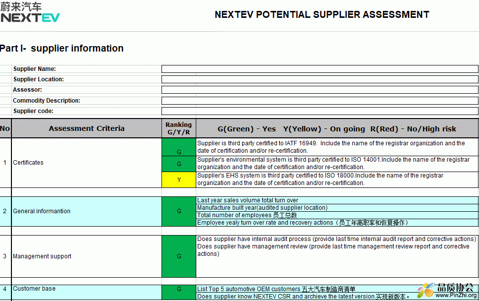 蔚来汽车NEXTEV POTENTIAL SUPPLIER ASSESSMENT