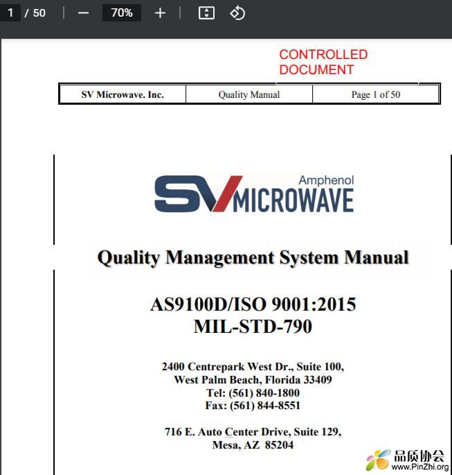 AS9100D和ISO 9001 Quality Management System Manual
