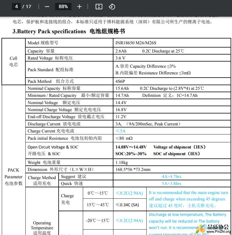 Battery Pack specifications 电池组规格书