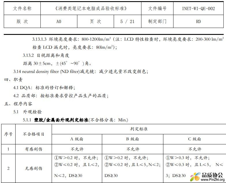 消费类笔记本电脑成品验收标准