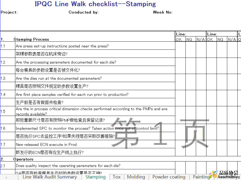 IPQC Line Walk checklist - Stamping, Tox, Molding, Molding, Painting, Assembly