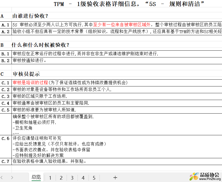 TPM – 1级验收表格详细信息，“5S – 规则和清洁”