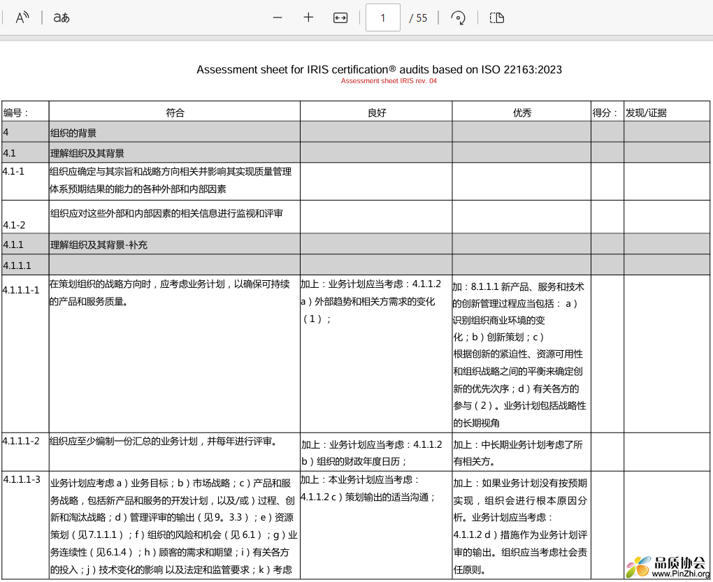 Assessment sheet for IRIS certification audits based on ISO22163-2023