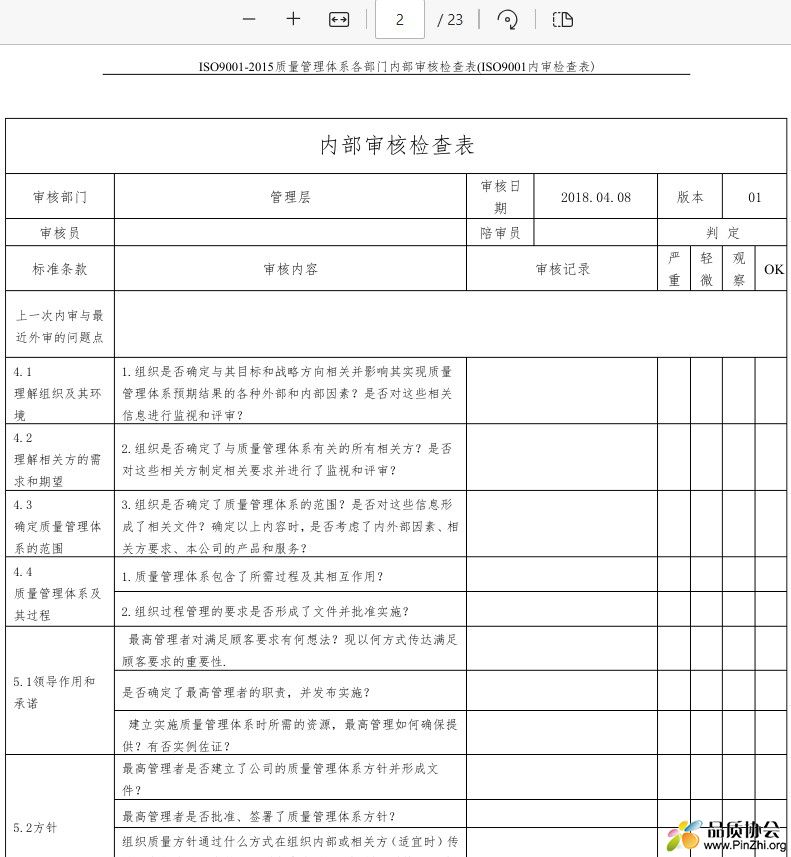 ISO9001内审检查表