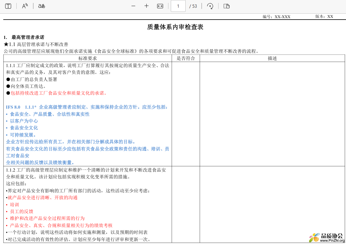 食品质量体系内审检查表