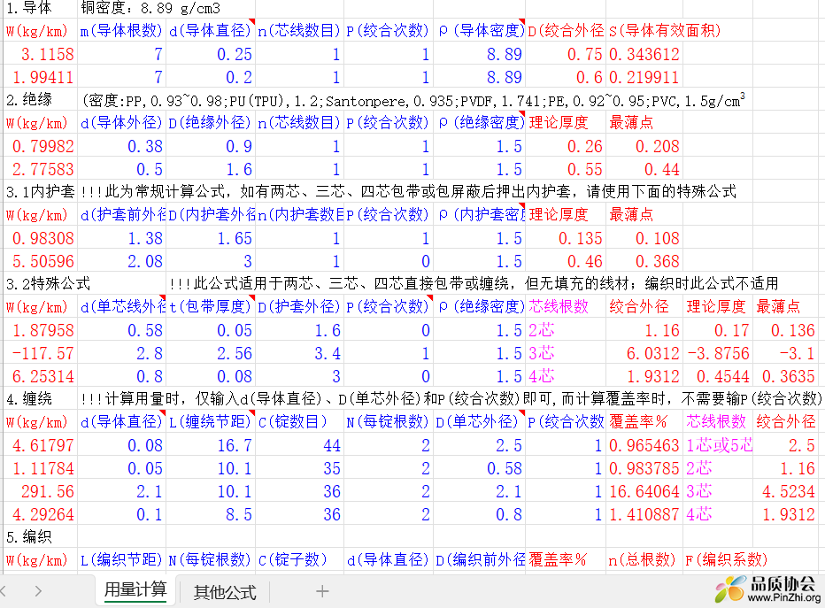 导体、绝缘、内护套等计算公式